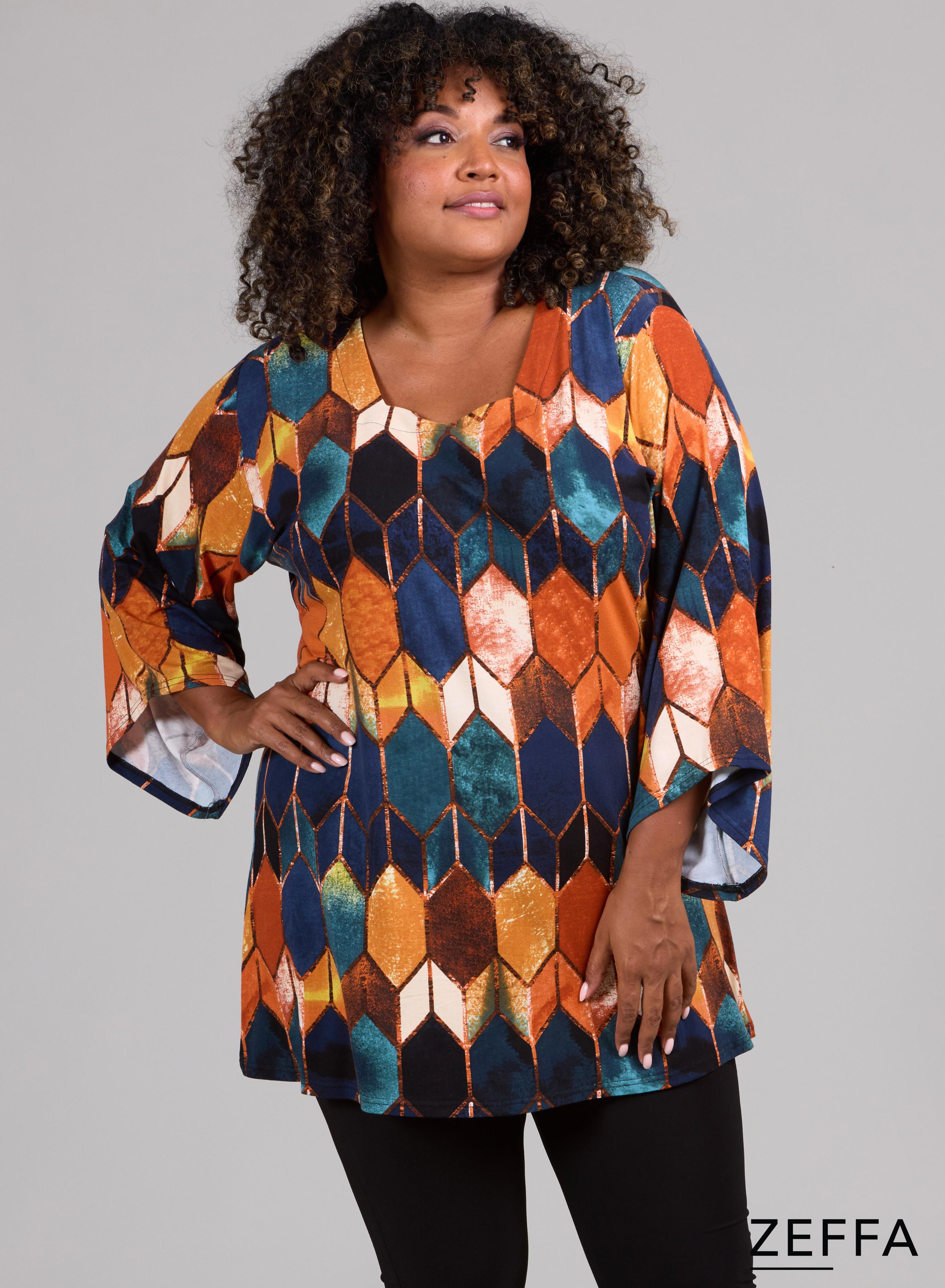 Zeffa Wide Sleeve Tunic Diamond Shaped Pattern Petrol/Camel