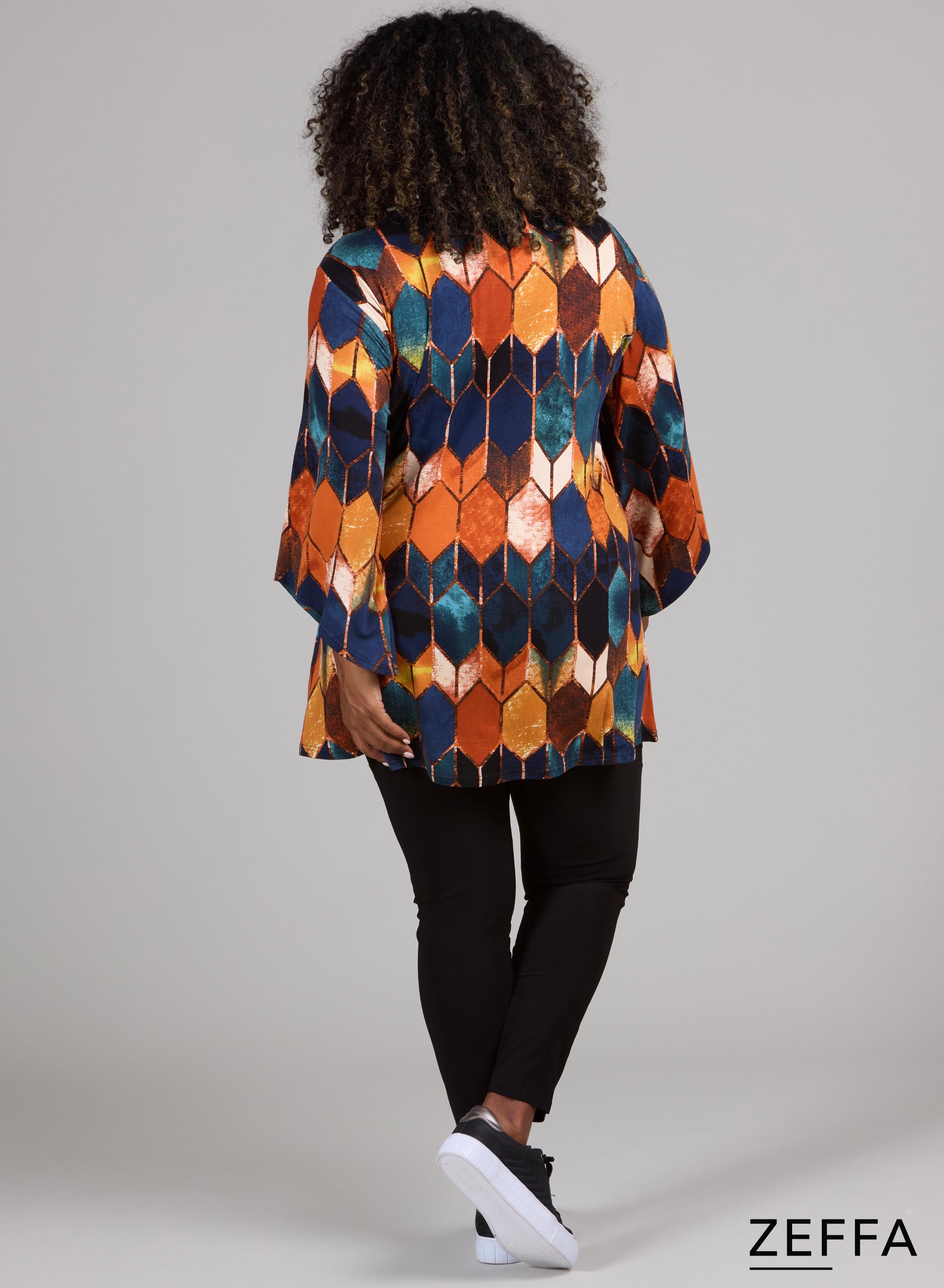 Zeffa Wide Sleeve Tunic Diamond Shaped Pattern Petrol/Camel