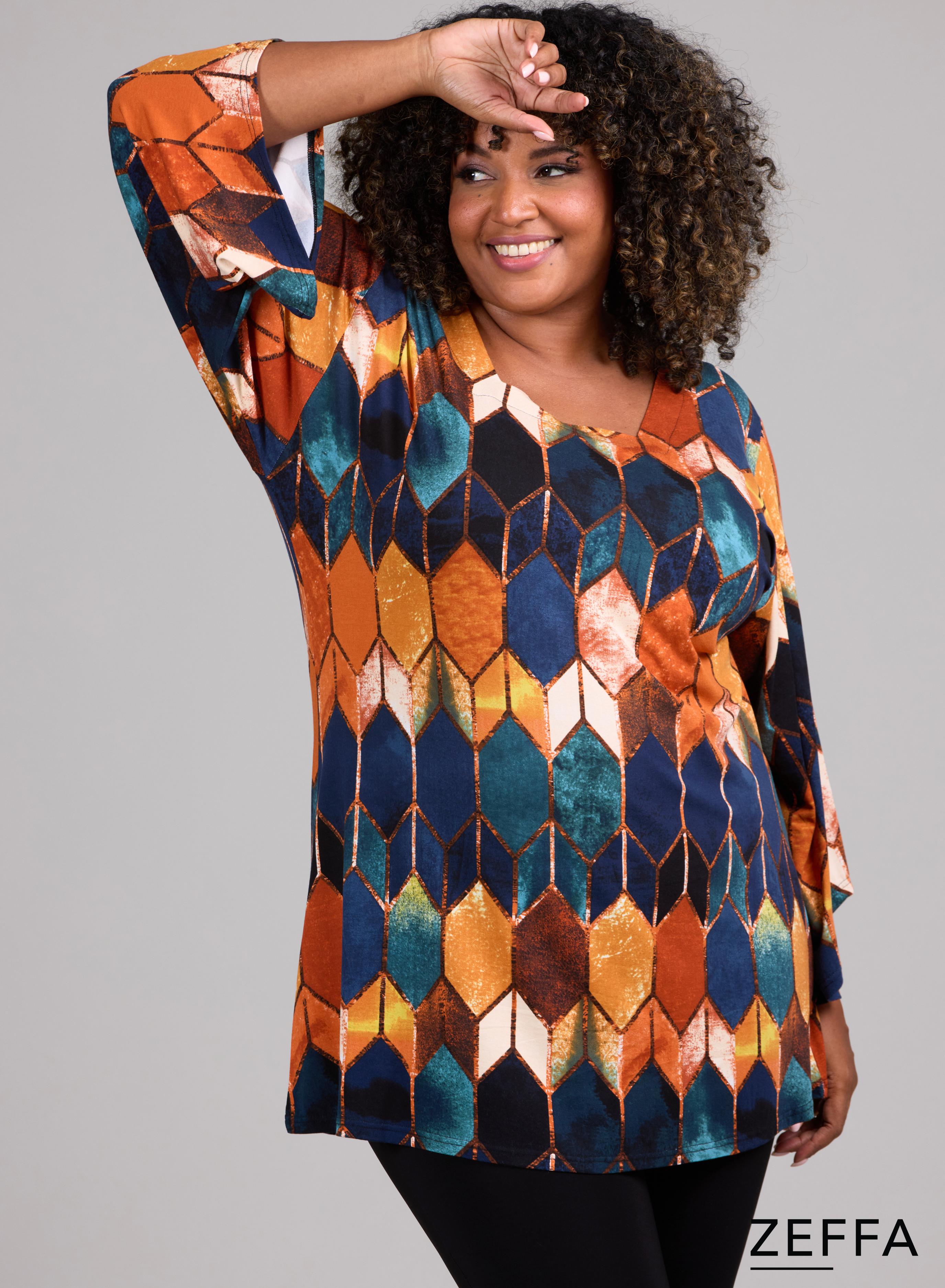 Zeffa Wide Sleeve Tunic Diamond Shaped Pattern Petrol/Camel