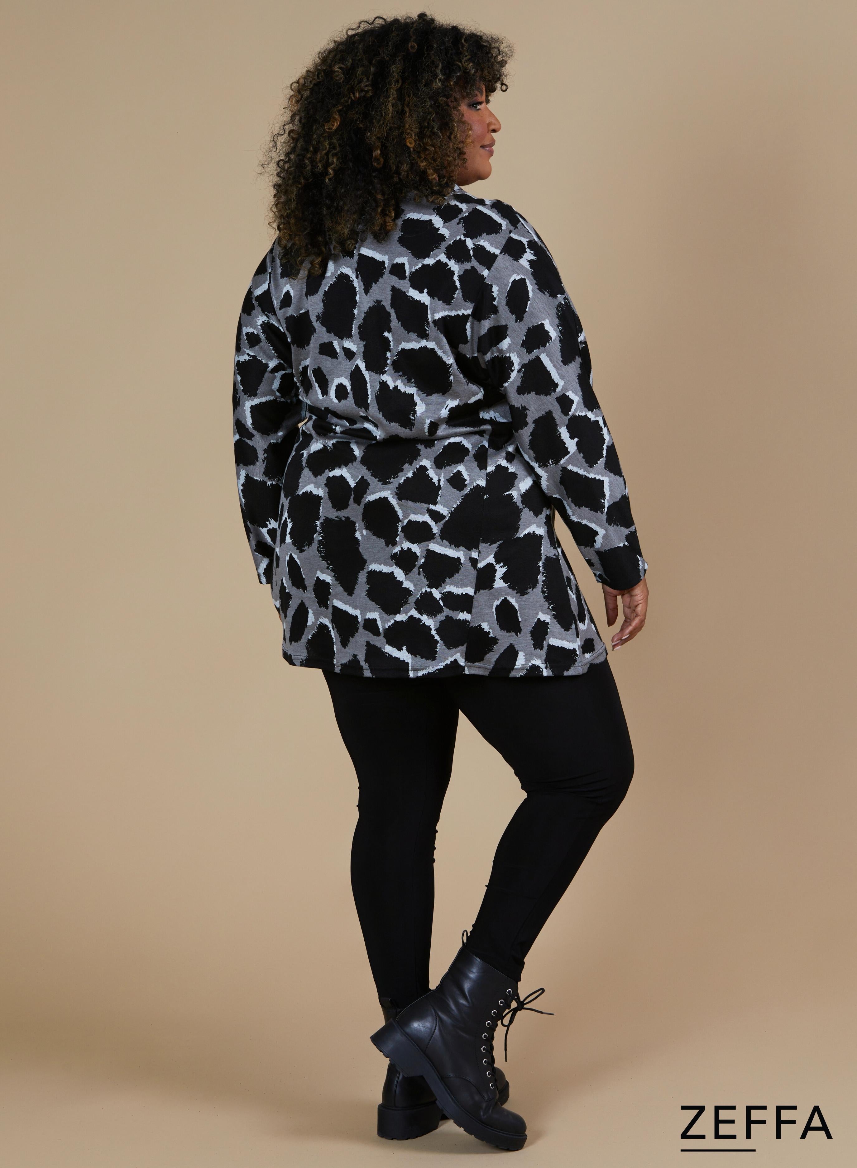 Zeffa Warm Baggy Zip Tunic Leopard Black Grey